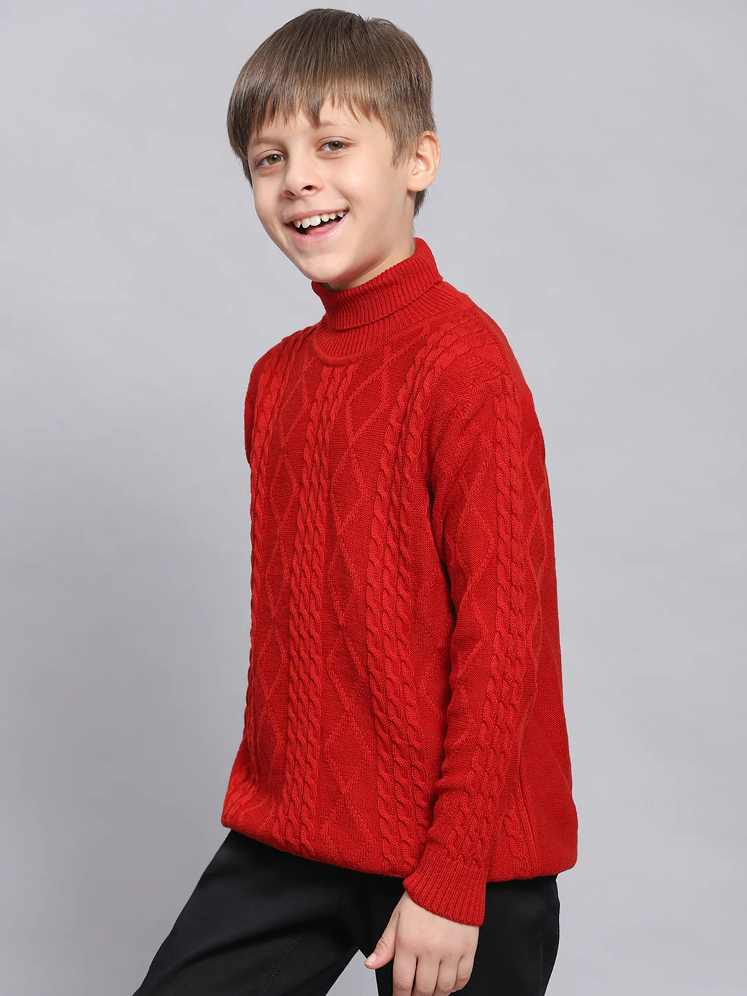 Boys Red Self Design H Neck Full Sleeve Sweater - Image 3