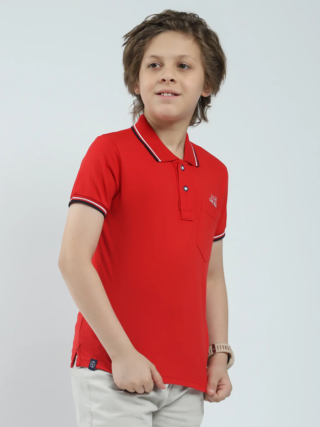 Boys Red Solid Collar Half Sleeve T-Shirt - Image 4