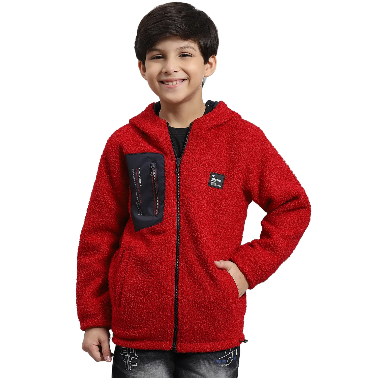 Boys Red Solid Hooded Full Sleeve Boys Jacket - Image 5