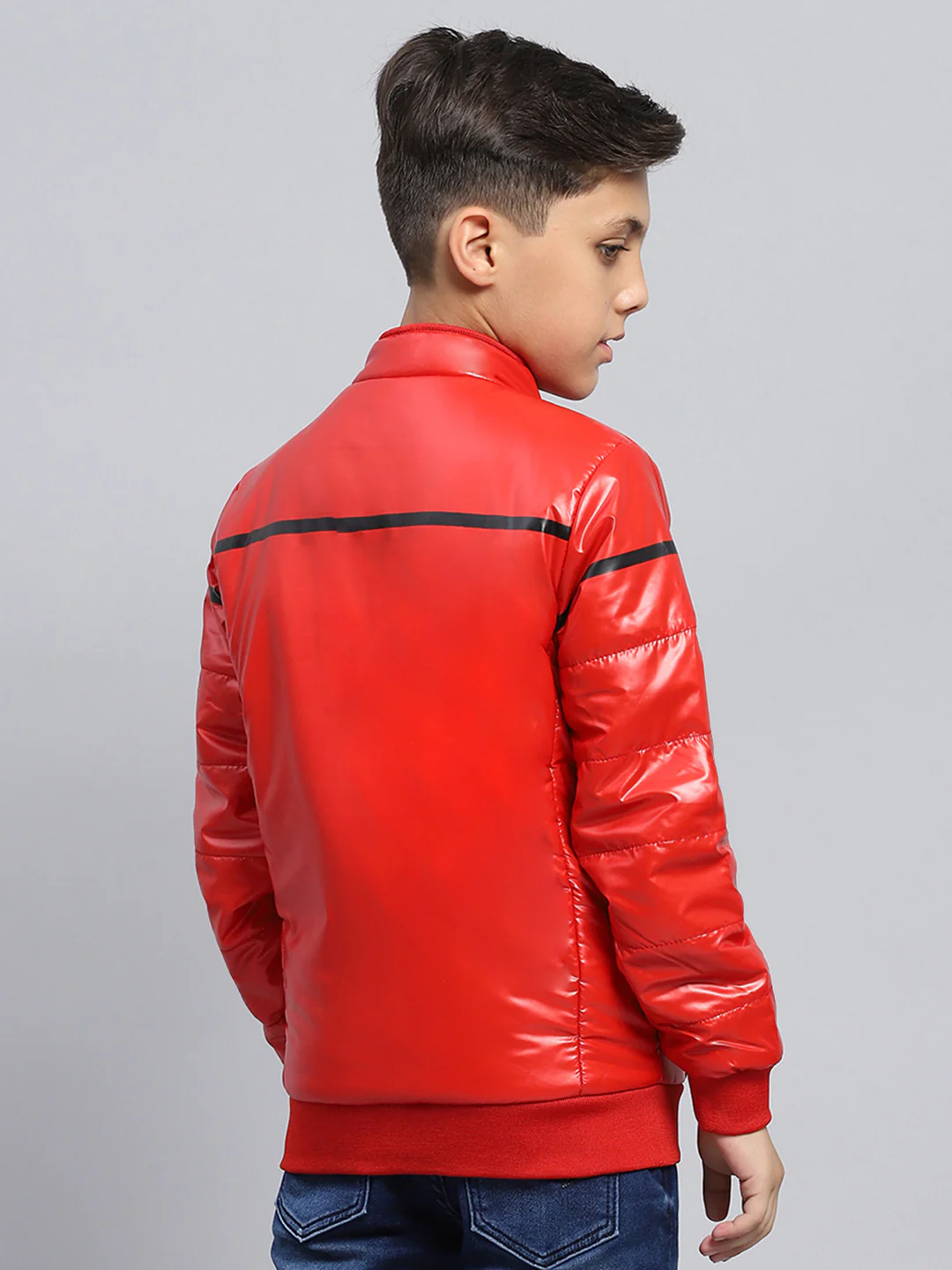 Boys Red Solid Mock Neck Full Sleeve Jacket - Image 5