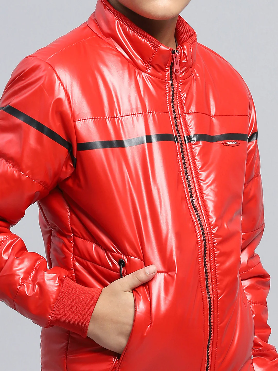 Boys Red Solid Mock Neck Full Sleeve Jacket - Image 6