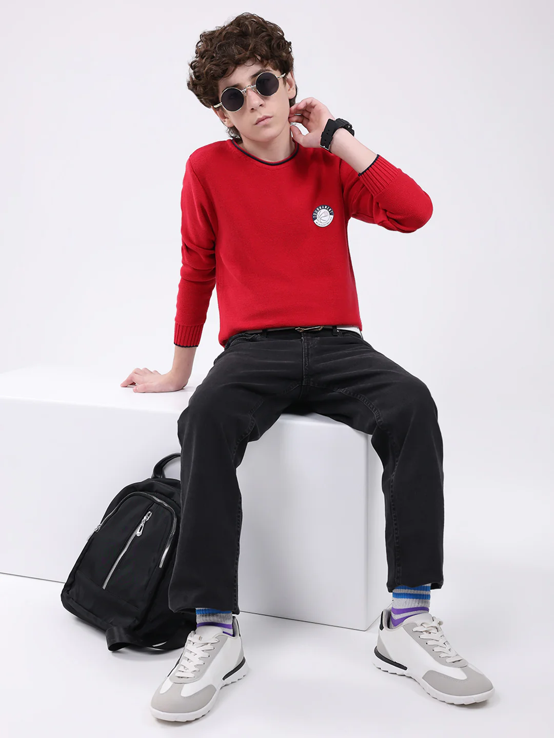 Boys Red Solid Round Neck Full Sleeve Pullover - Image 2