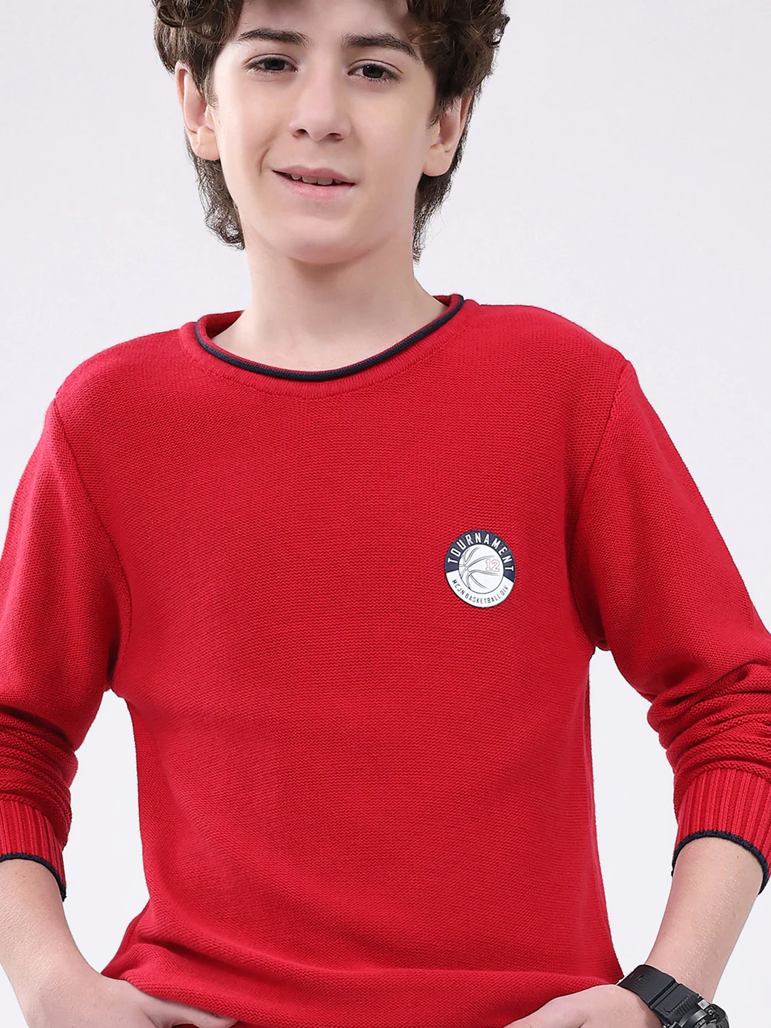Boys Red Solid Round Neck Full Sleeve Pullover - Image 7