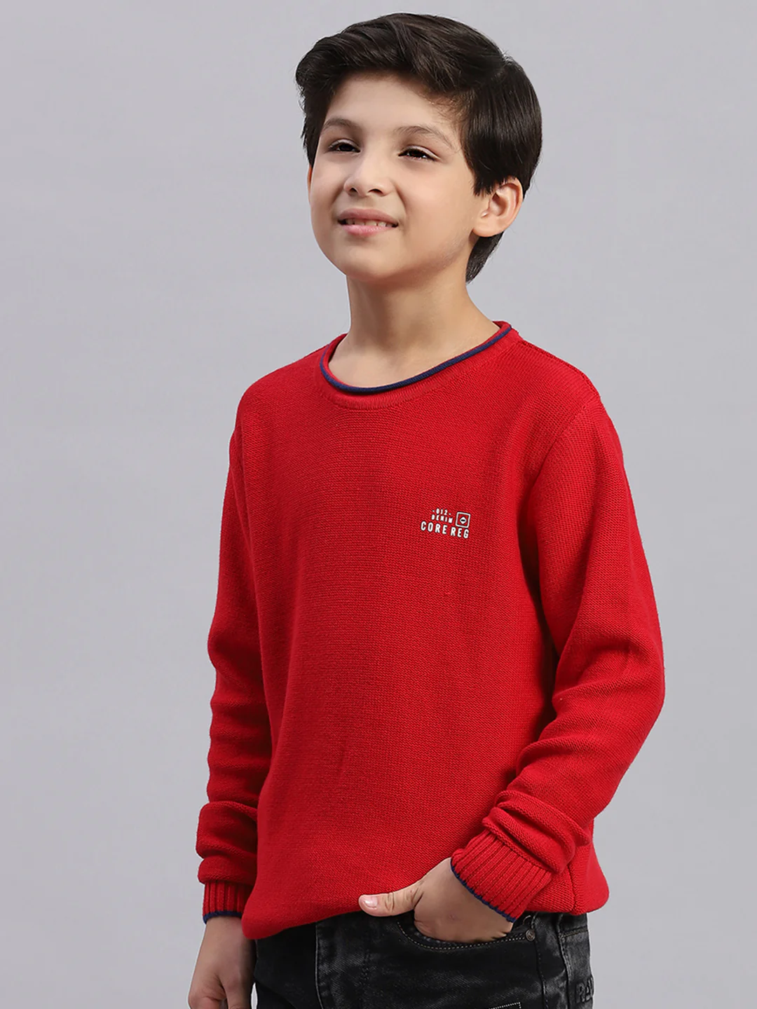 Boys Red Solid Round Neck Full Sleeve Sweater - Image 5