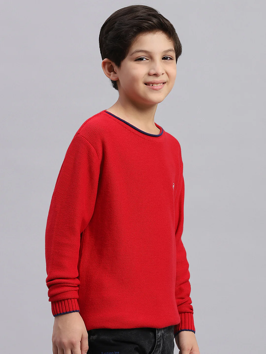 Boys Red Solid Round Neck Full Sleeve Sweater - Image 6