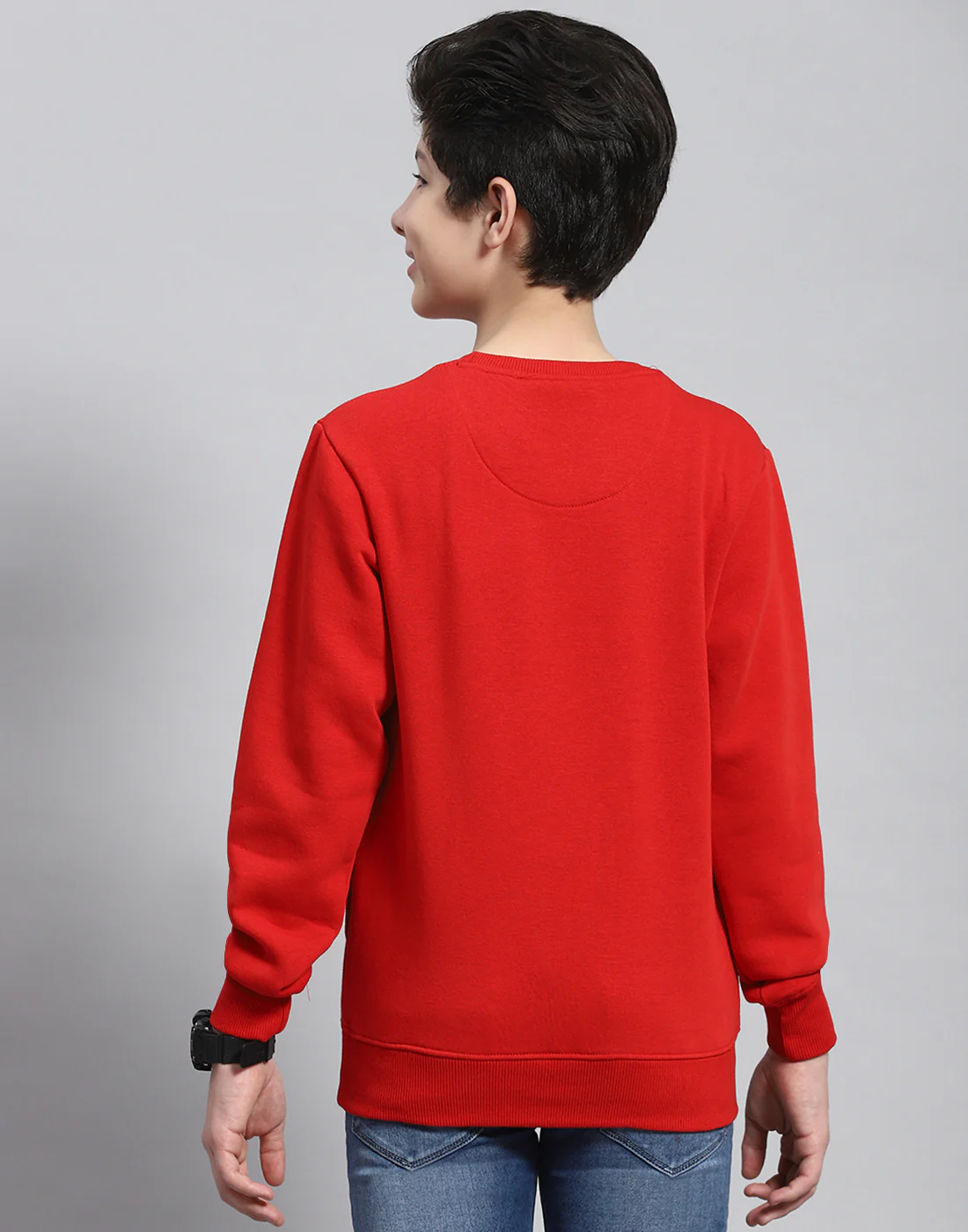 Boys Red Solid Round Neck Full Sleeve Sweatshirt - Image 5