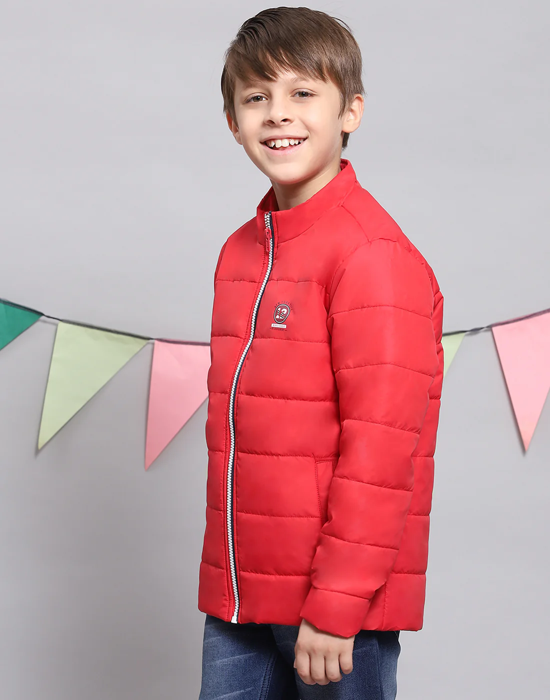 Boys Red Solid Stand Collar Full Sleeve Boys Jacket - Image 5