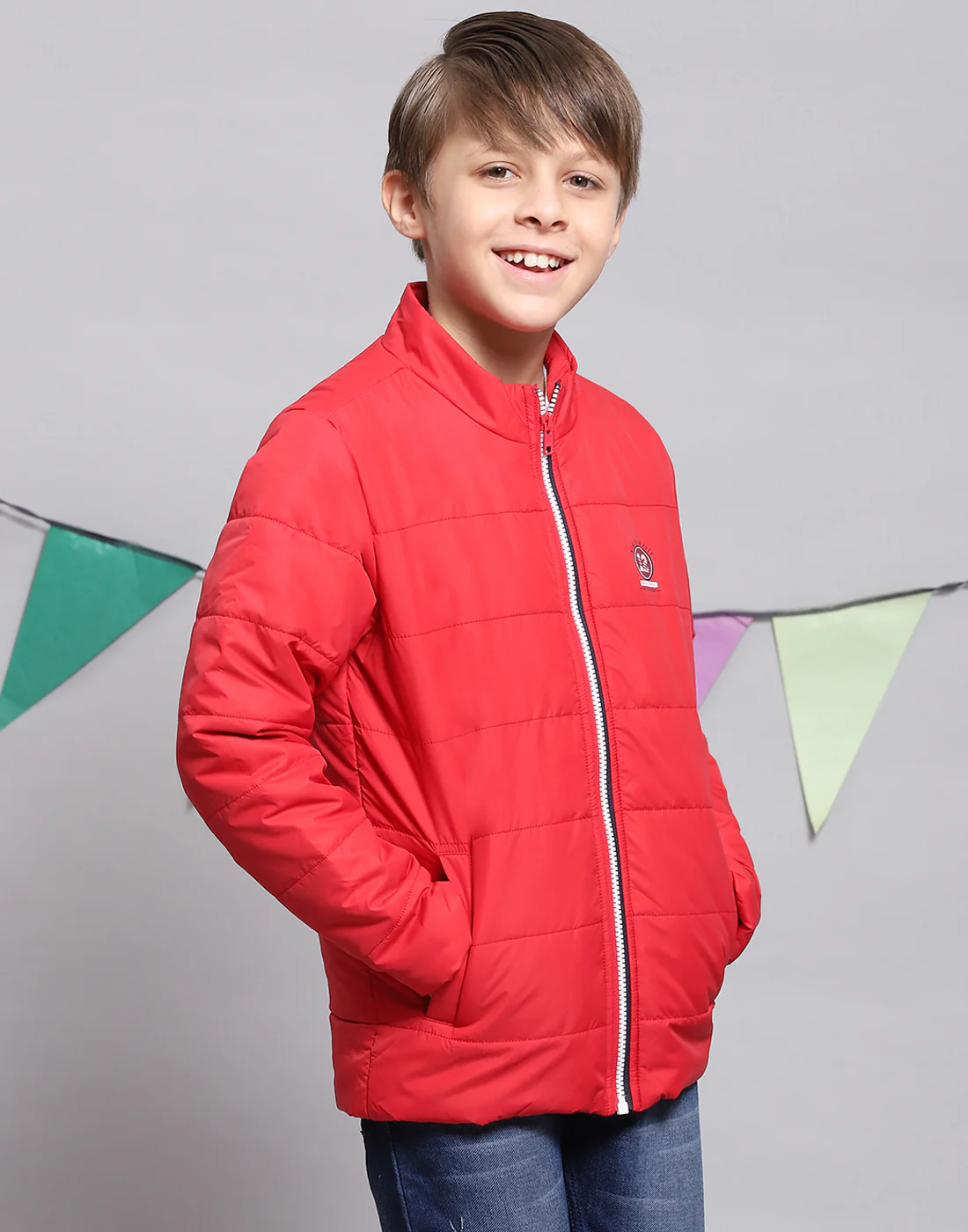 Boys Red Solid Stand Collar Full Sleeve Boys Jacket - Image 6