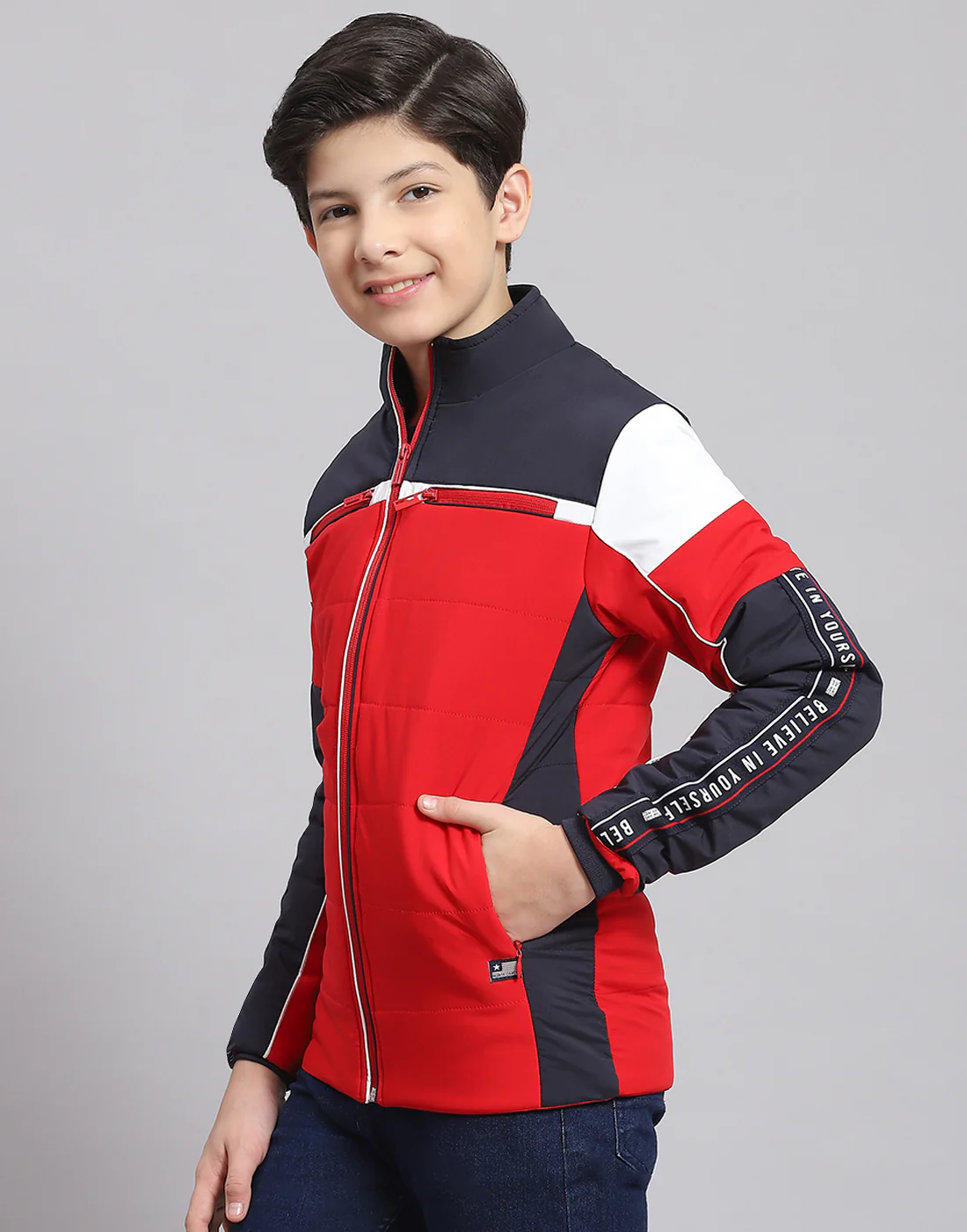 Boys Red Solid Stand Collar Full Sleeve Boys Jacket - Image 3