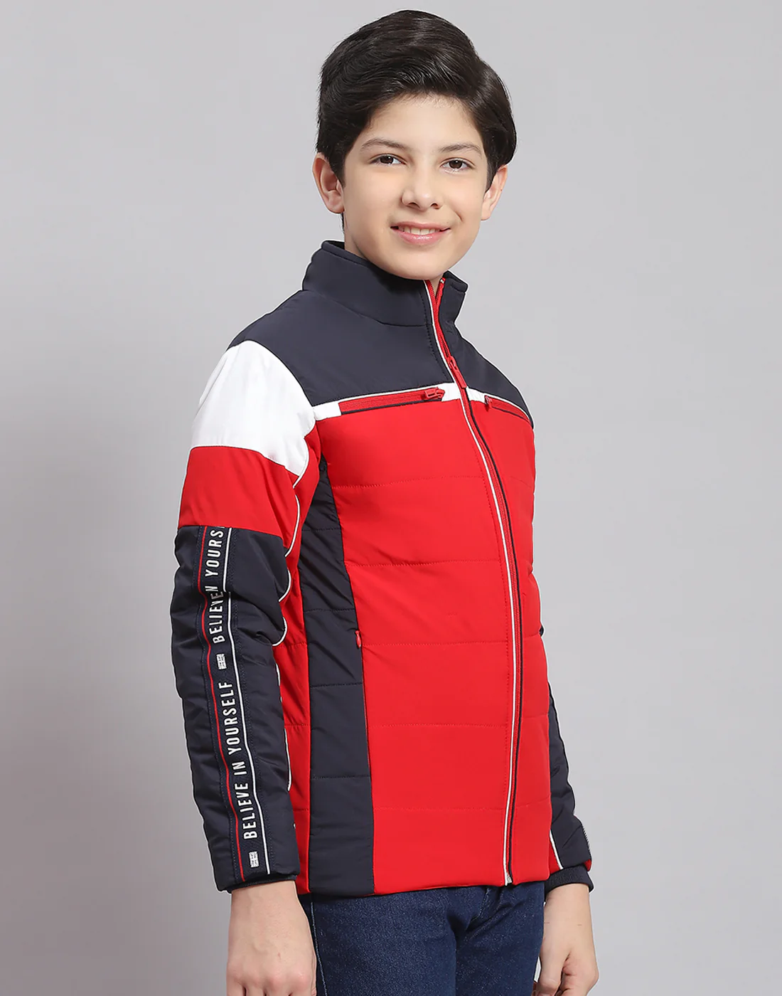 Boys Red Solid Stand Collar Full Sleeve Boys Jacket - Image 4