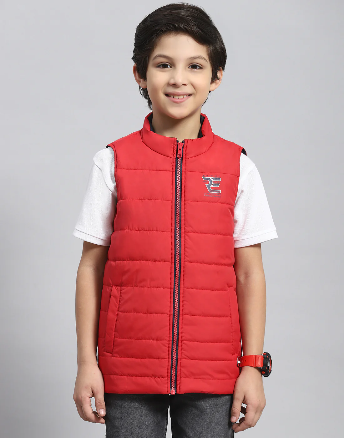 Boys Red Solid Stand Collar Sleeveless Boys Jacket - Image 2