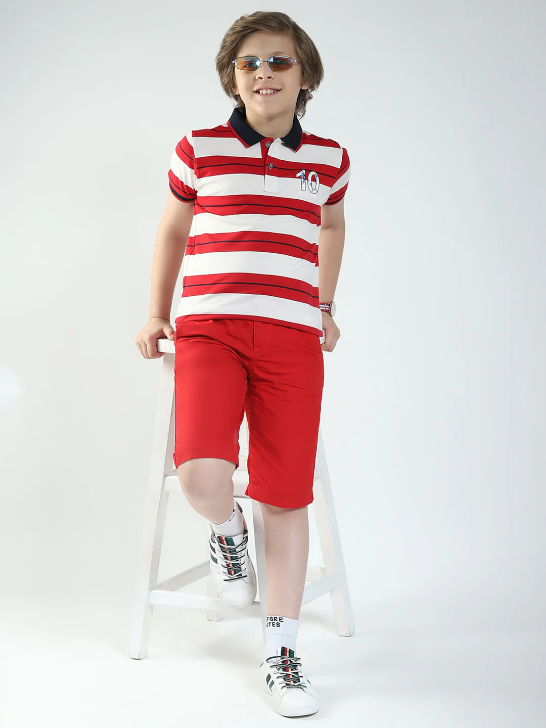 Boys Red Stripe Collar Half Sleeve T-Shirt - Image 2