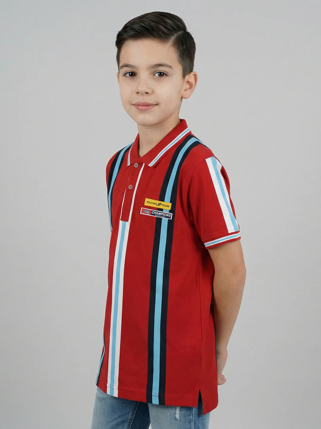 Boys Red Stripe Collar Half Sleeve T-Shirt - Image 3
