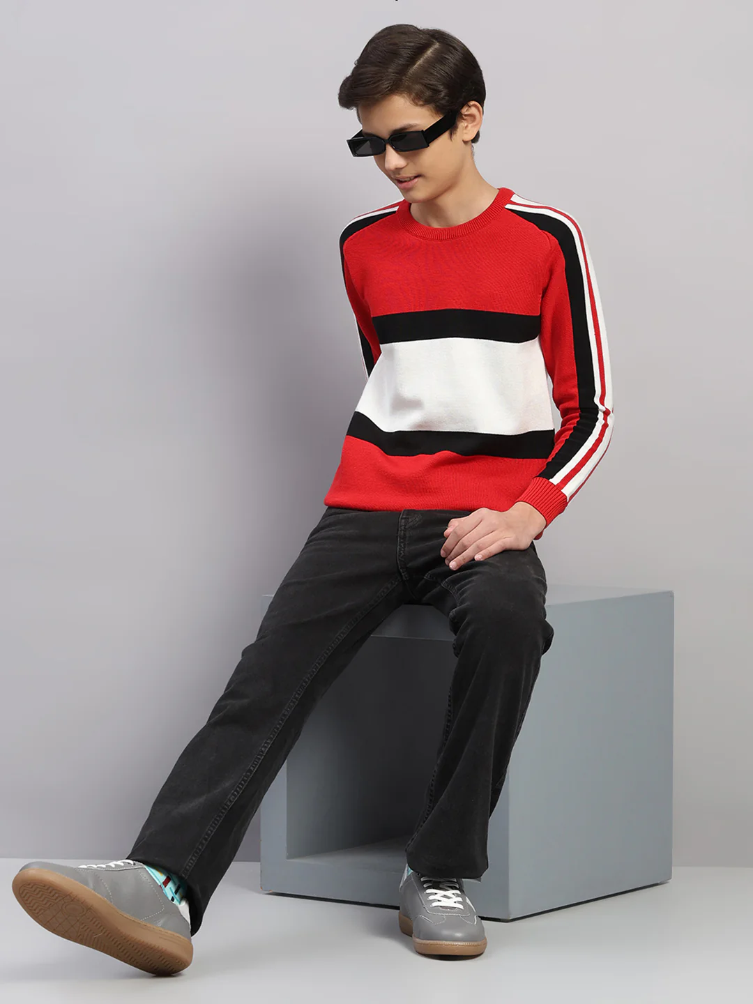Boys Red Stripe Round Neck Full Sleeve Pullover - Image 2