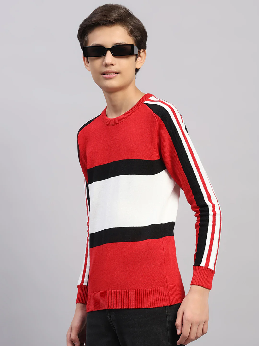 Boys Red Stripe Round Neck Full Sleeve Pullover - Image 3