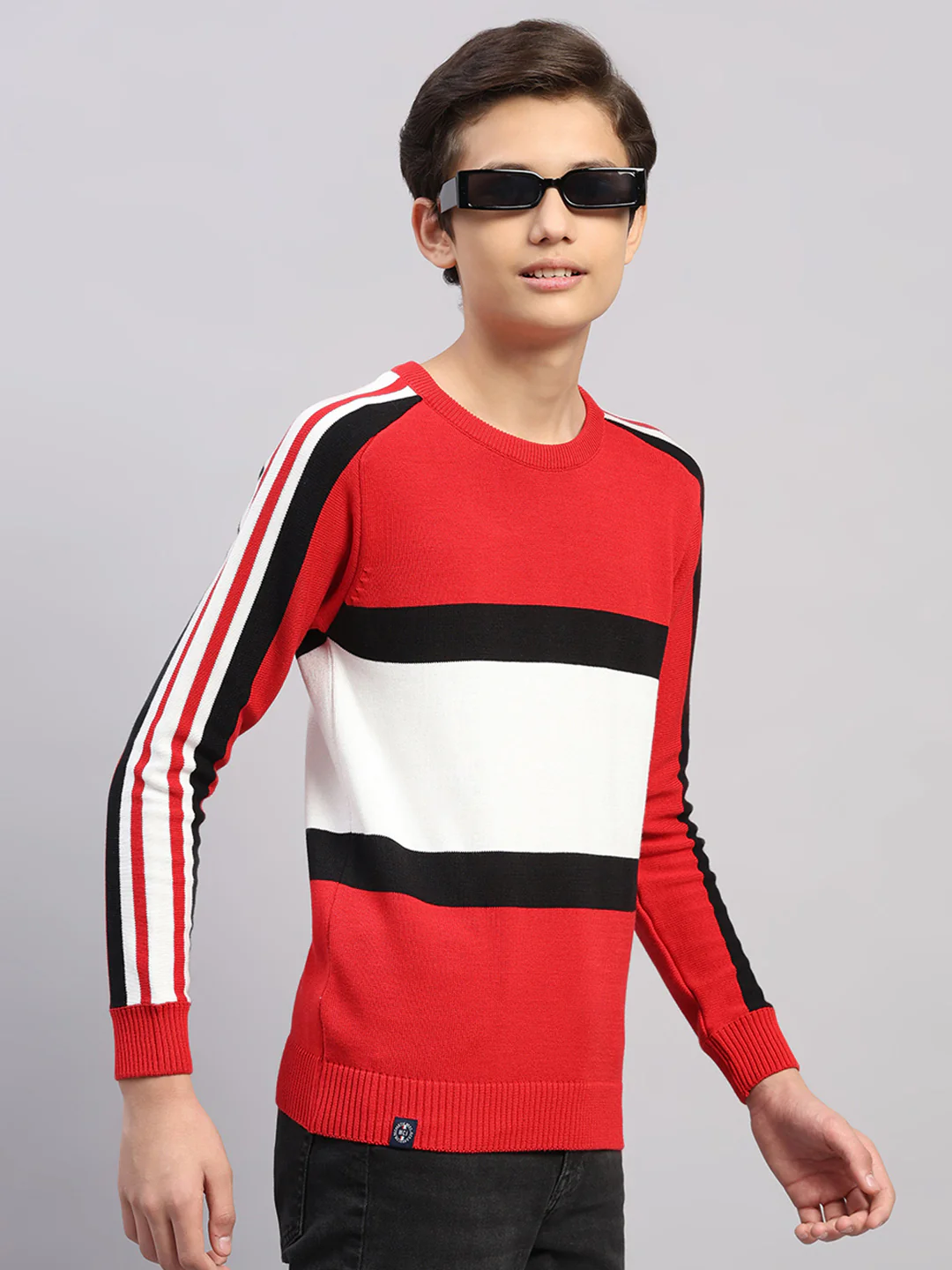 Boys Red Stripe Round Neck Full Sleeve Pullover - Image 4