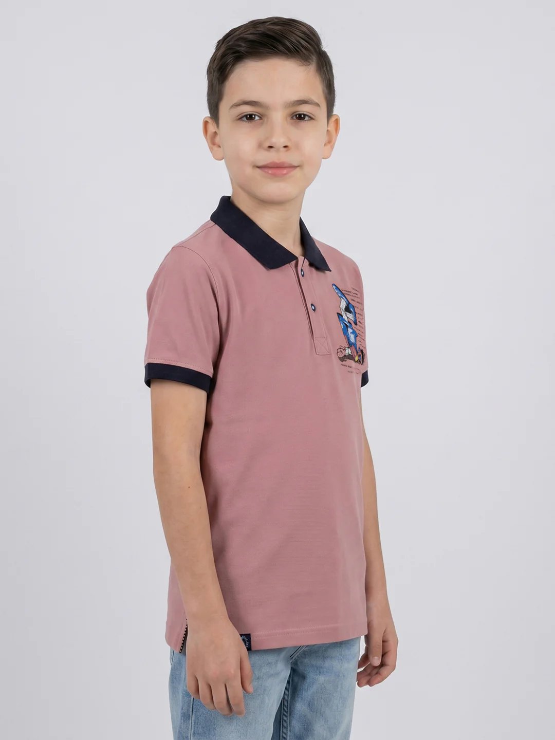 Boys Rose Red Printed Collar Half Sleeve T-Shirt - Image 2