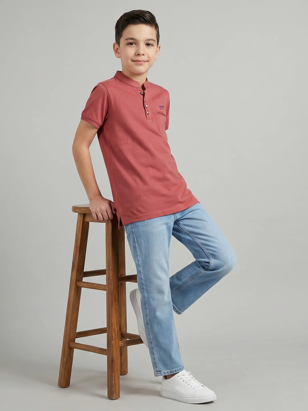 Boys Rose Red Solid Henley Neck Half Sleeve T-Shirt - Image 5