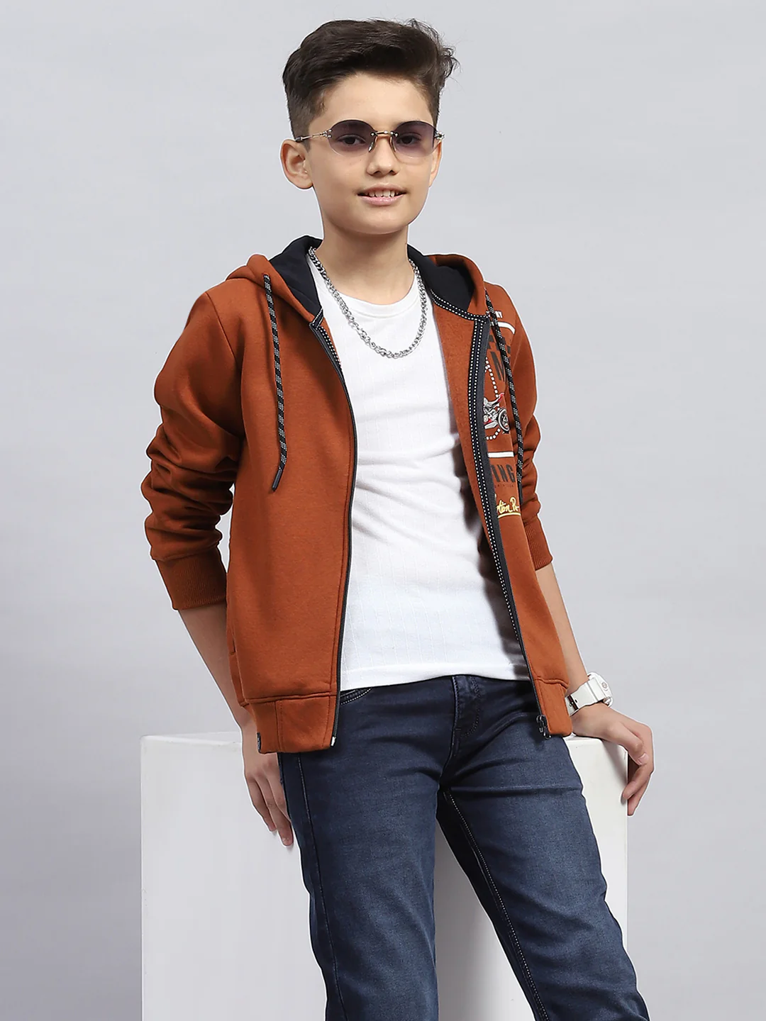 Boys Rust Printed Hooded Full Sleeve Sweatshirt - Image 6