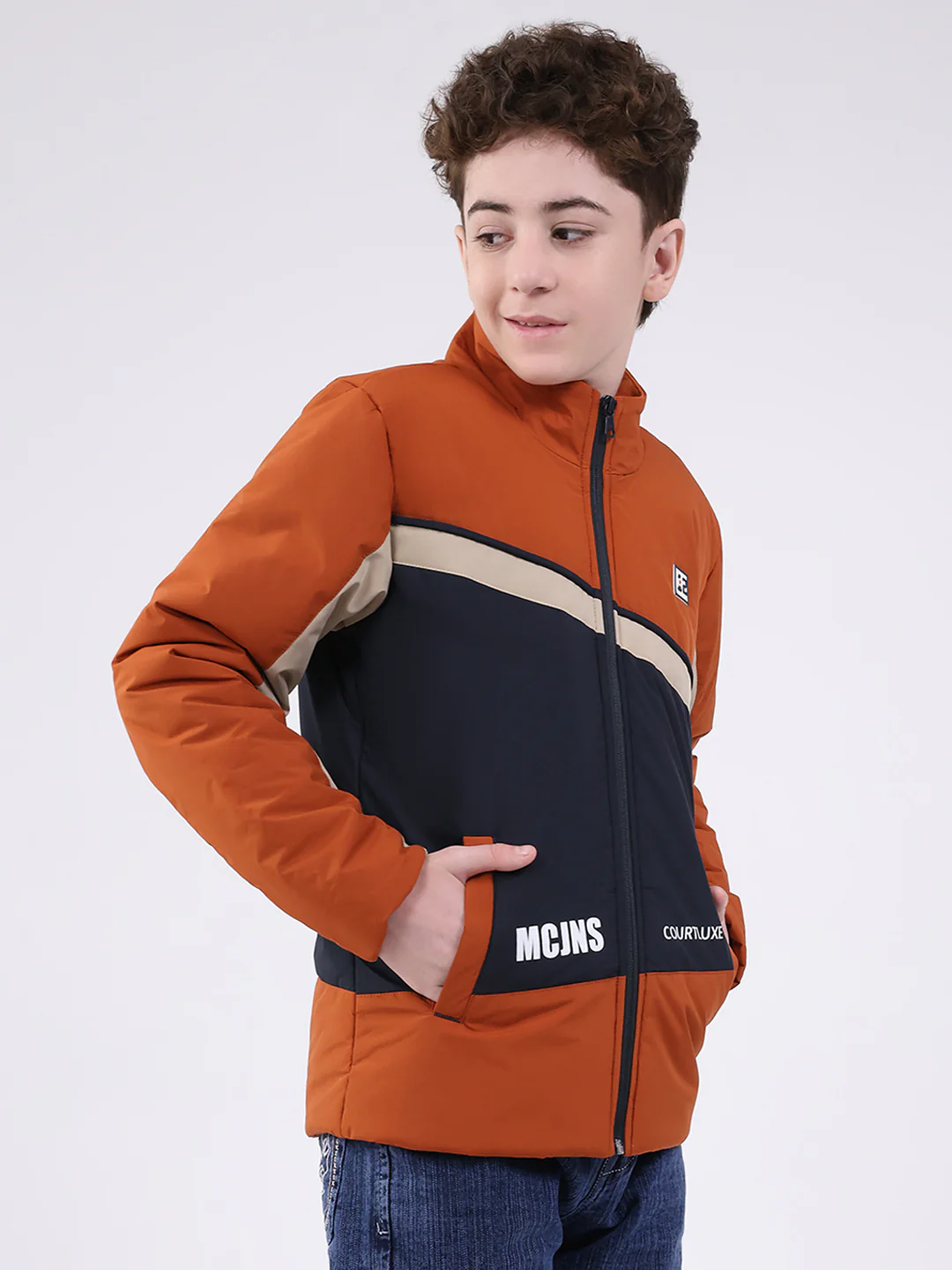 Boys Rust Printed Mock Neck Full Sleeve Jacket - Image 4