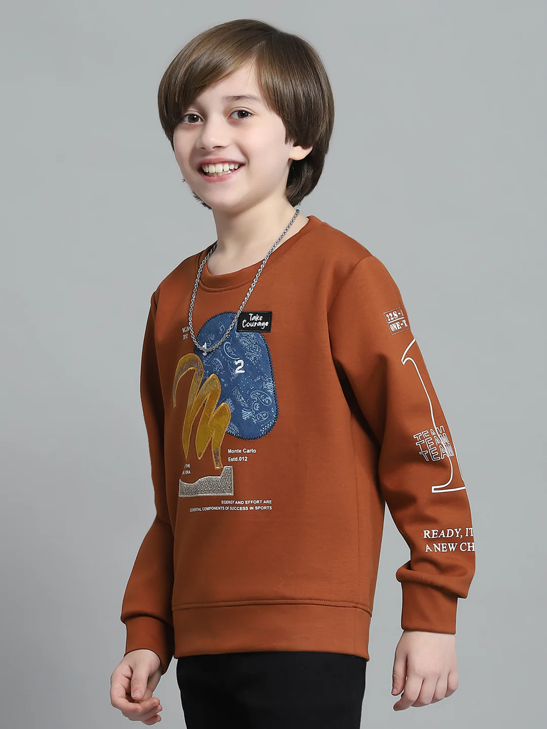 Boys Rust Printed Round Neck Full Sleeve Sweatshirt - Image 3