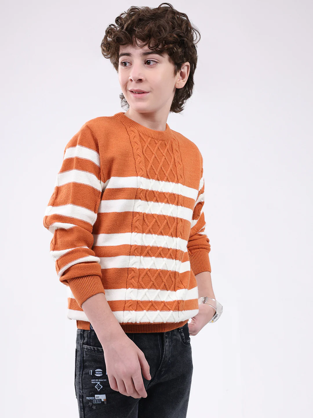 Boys Rust Self Design Round Neck Full Sleeve Pullover - Image 4