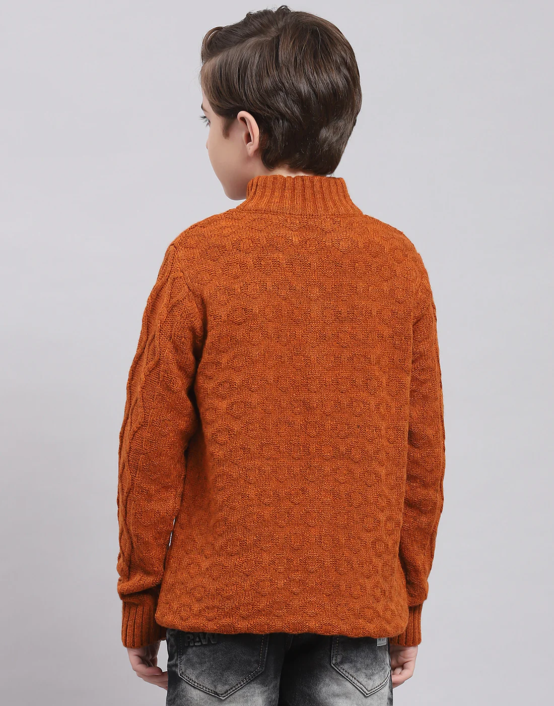 Boys Rust Self Design Round Neck Full Sleeve Sweater - Image 6