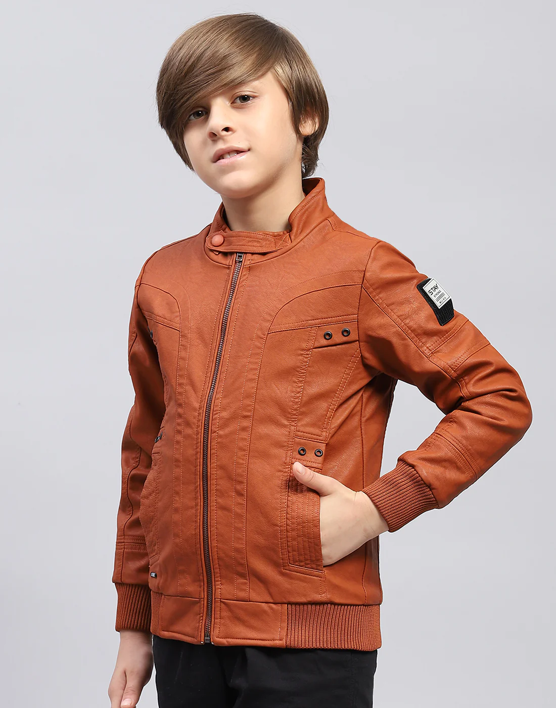 Boys Rust Self Design Stand Collar Full Sleeve Jacket - Image 3