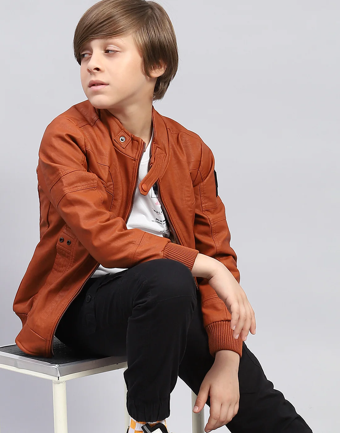 Boys Rust Self Design Stand Collar Full Sleeve Jacket - Image 6