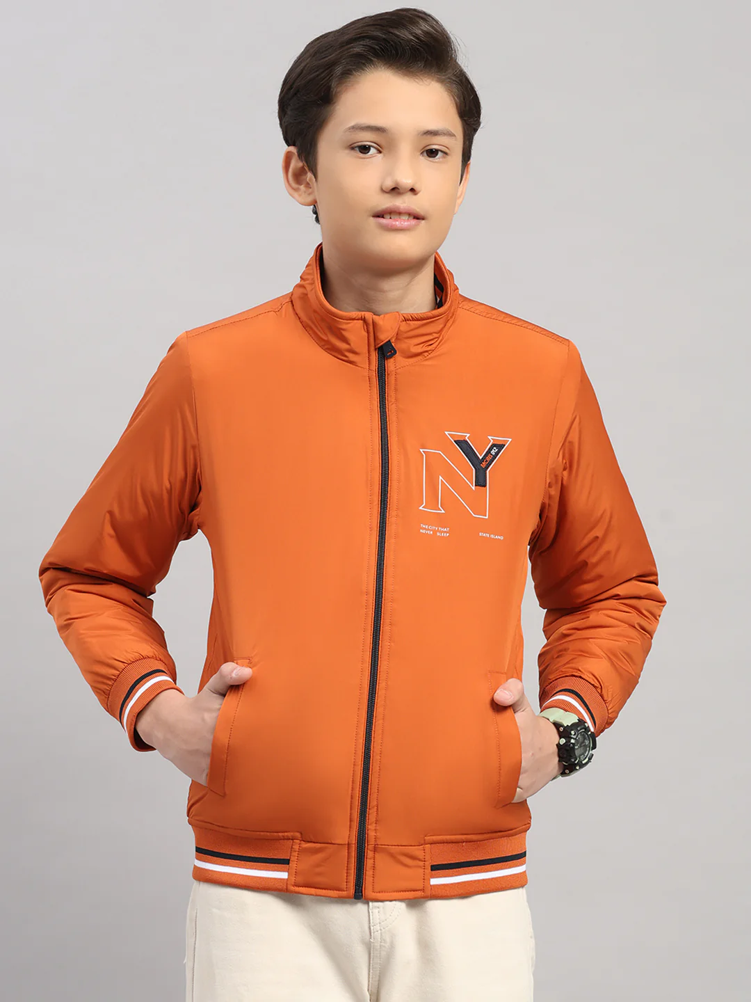 Boys Rust Solid Collar Full Sleeve Jacket