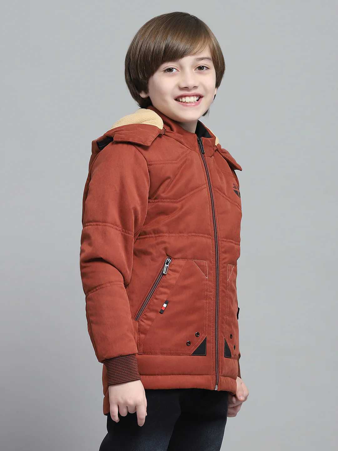 Boys Rust Solid Hooded Full Sleeve Jacket - Image 4