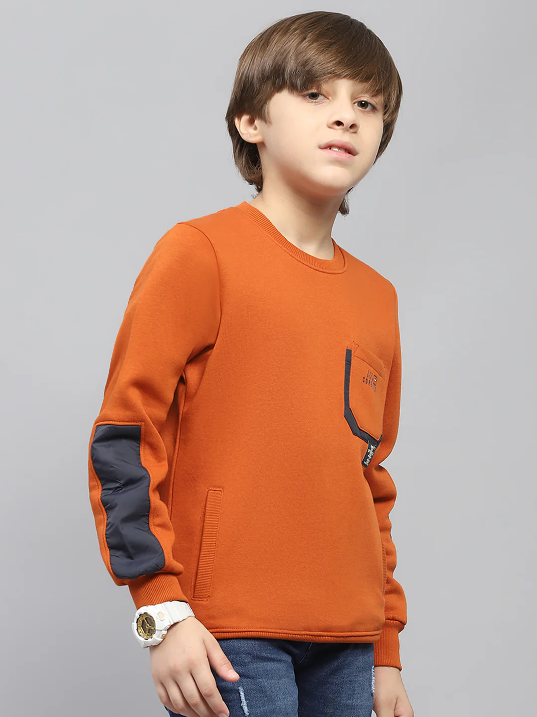 Boys Rust Solid Round Neck Full Sleeve Sweatshirt - Image 4