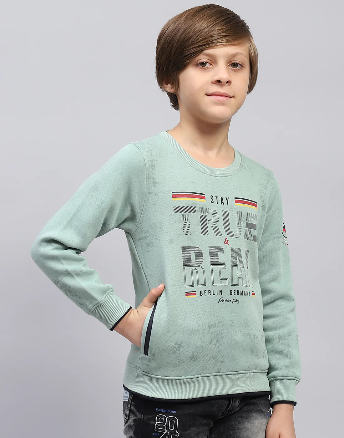 Boys Sea Green Printed Round Neck Full Sleeve Sweatshirt - Image 4