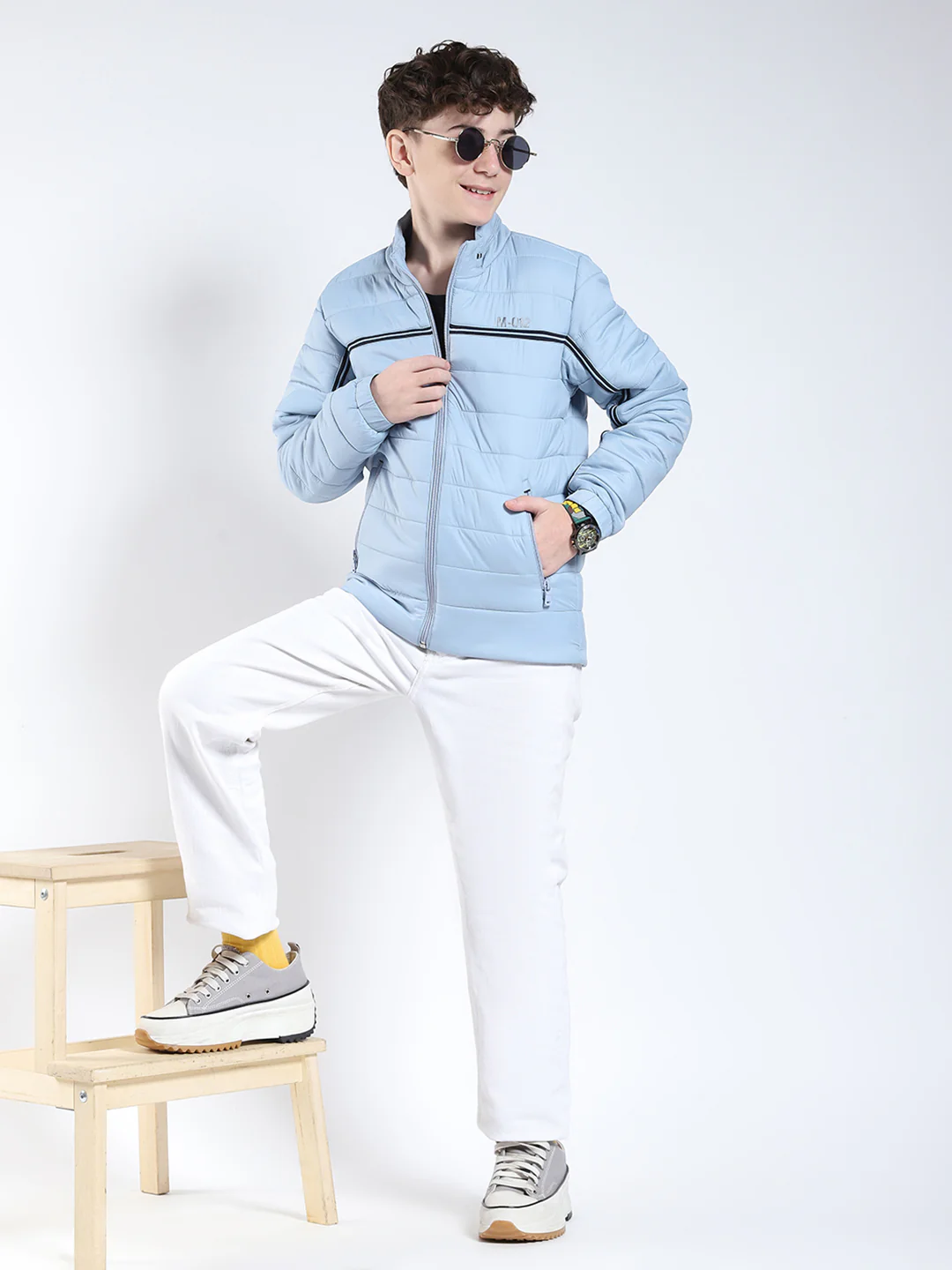 Boys Sky Blue Printed Collar Full Sleeve Boys Jacket - Image 2