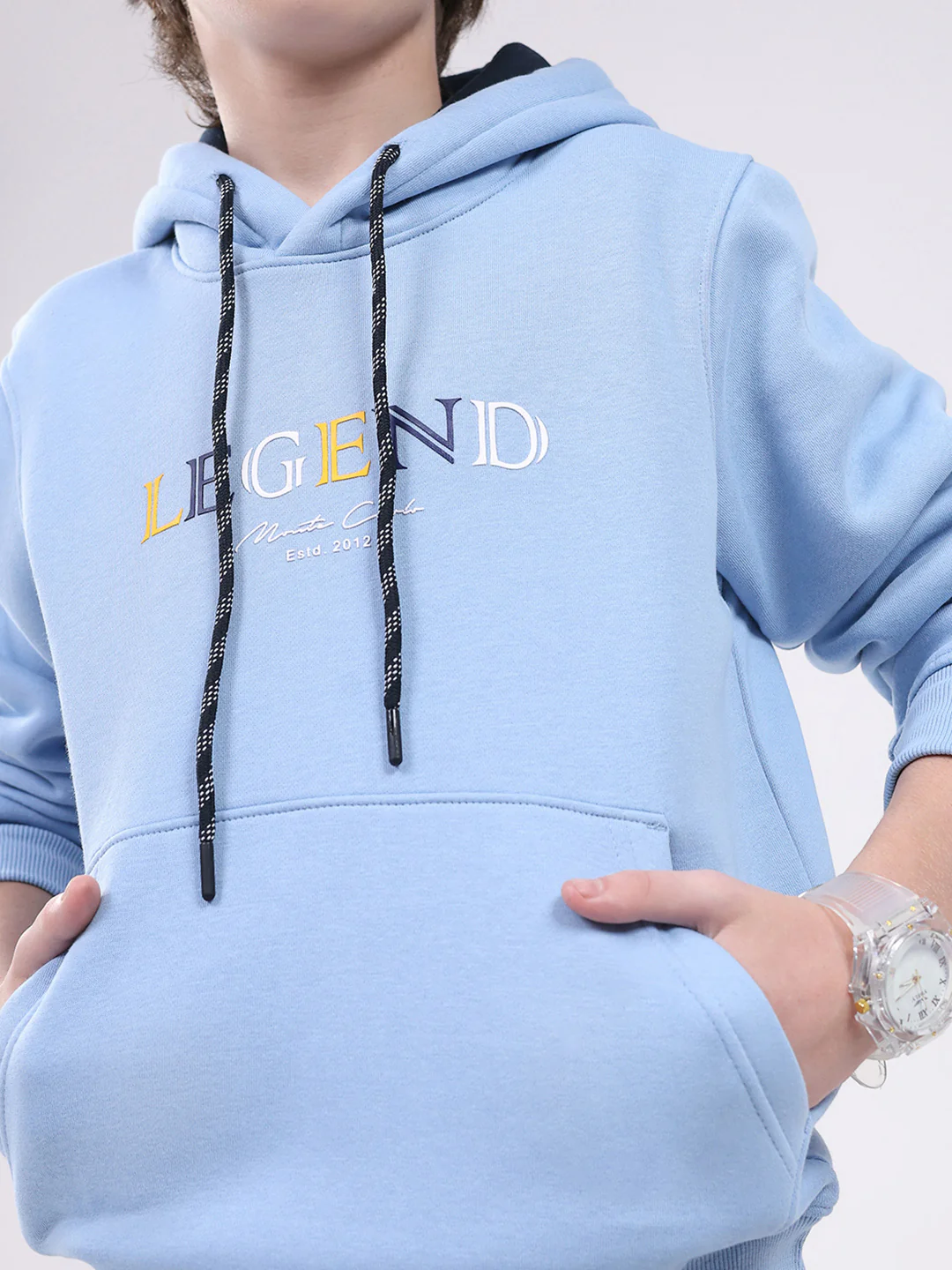Boys Sky Blue Printed Hooded Full Sleeve Sweatshirt - Image 7