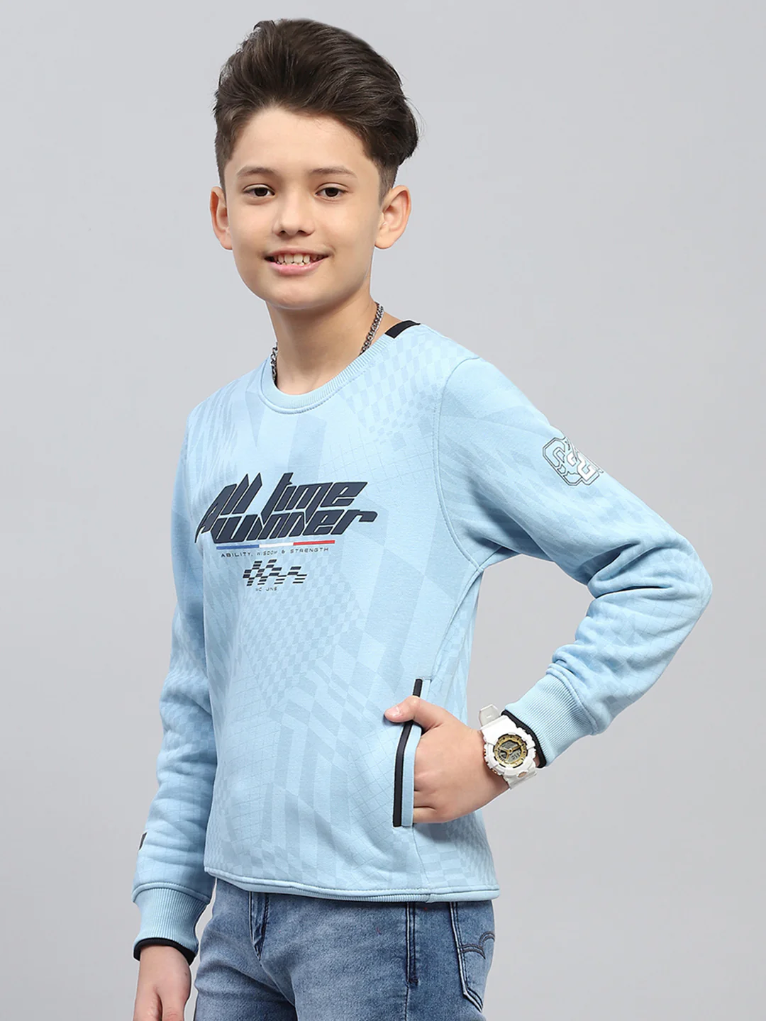 Boys Sky Blue Printed Round Neck Full Sleeve Sweatshirt - Image 3