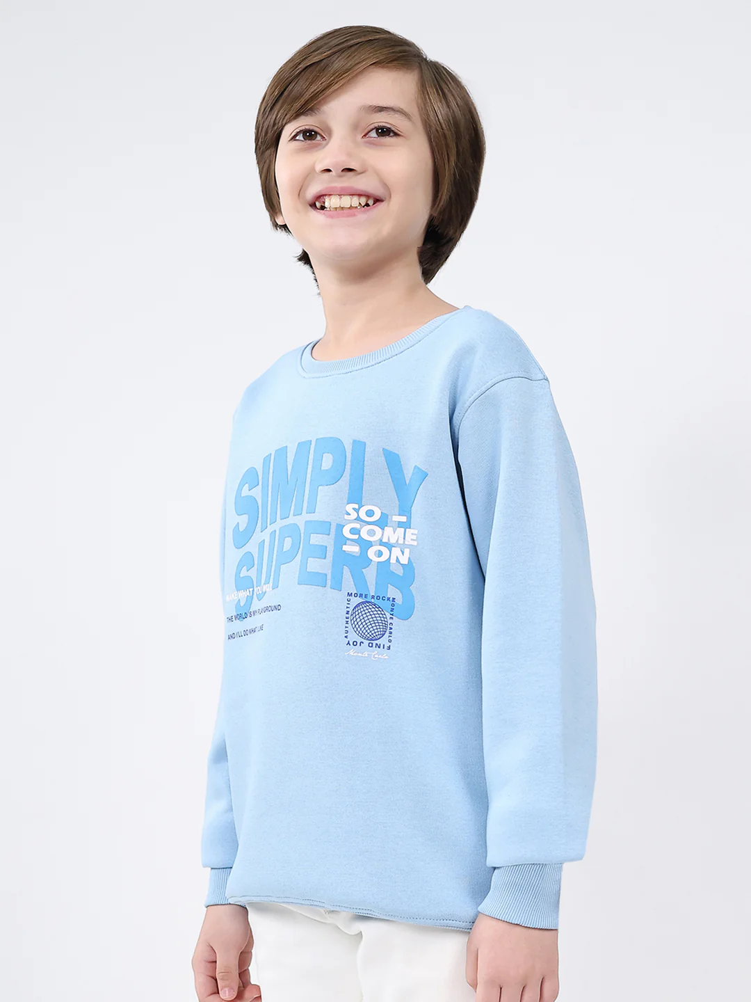 Boys Sky Blue Printed Round Neck Full Sleeve Sweatshirt - Image 3