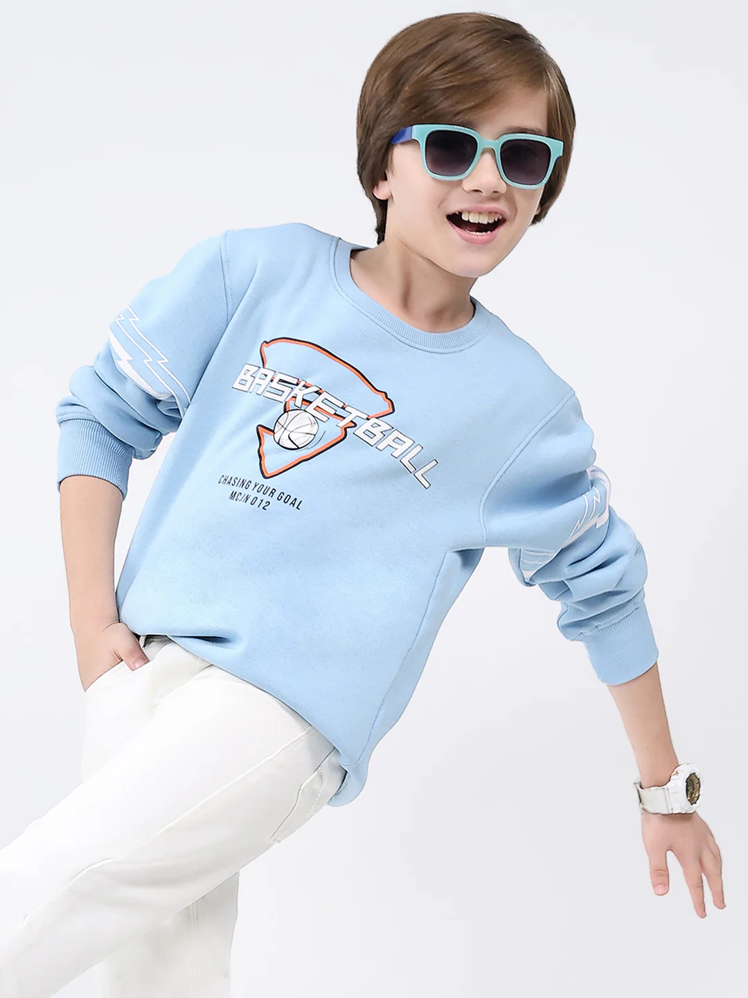 Boys Sky Blue Printed Round Neck Full Sleeve Sweatshirt - Image 6