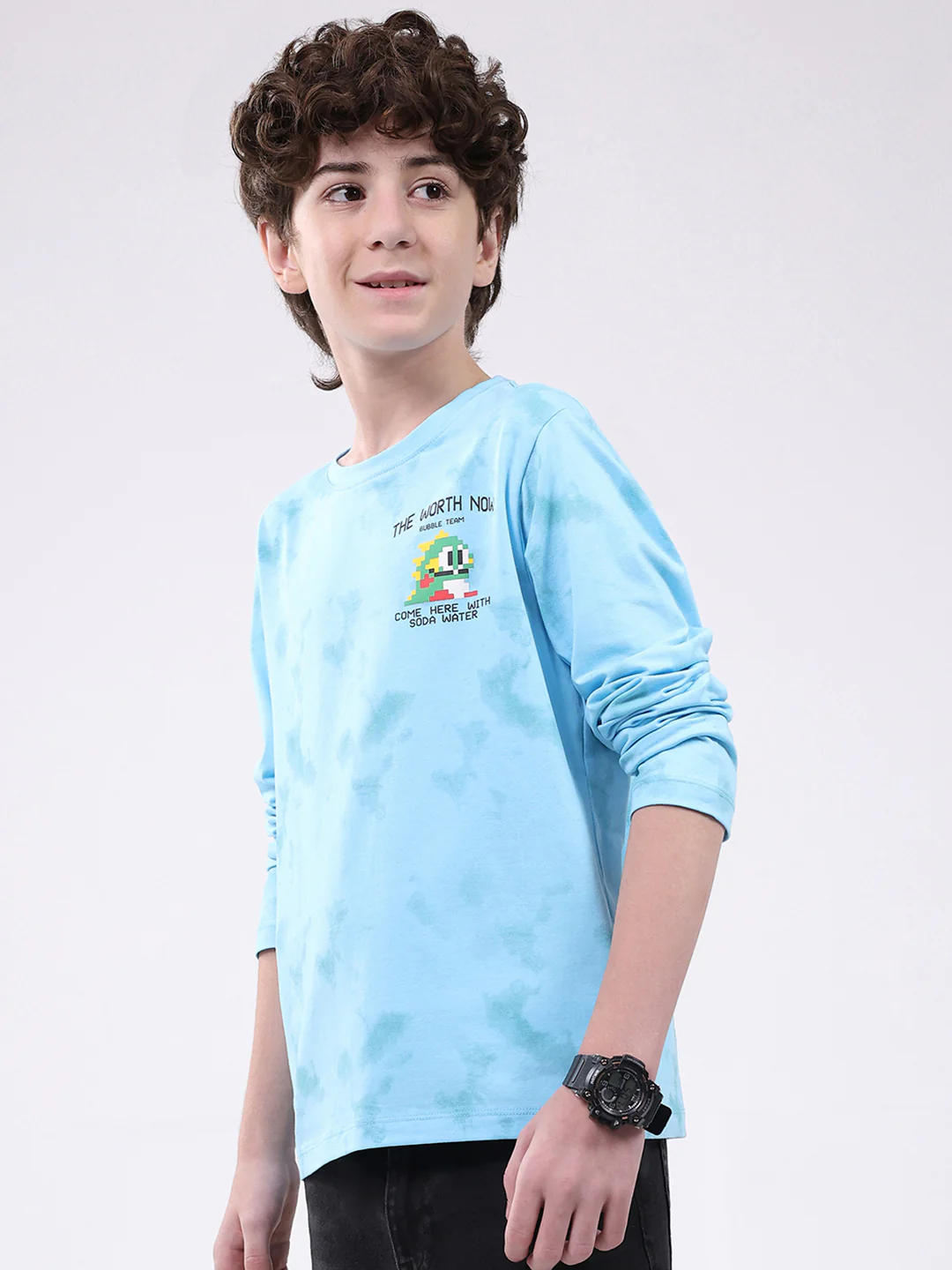 Boys Sky Blue Printed Round Neck Full Sleeve Winter T-Shirt - Image 3