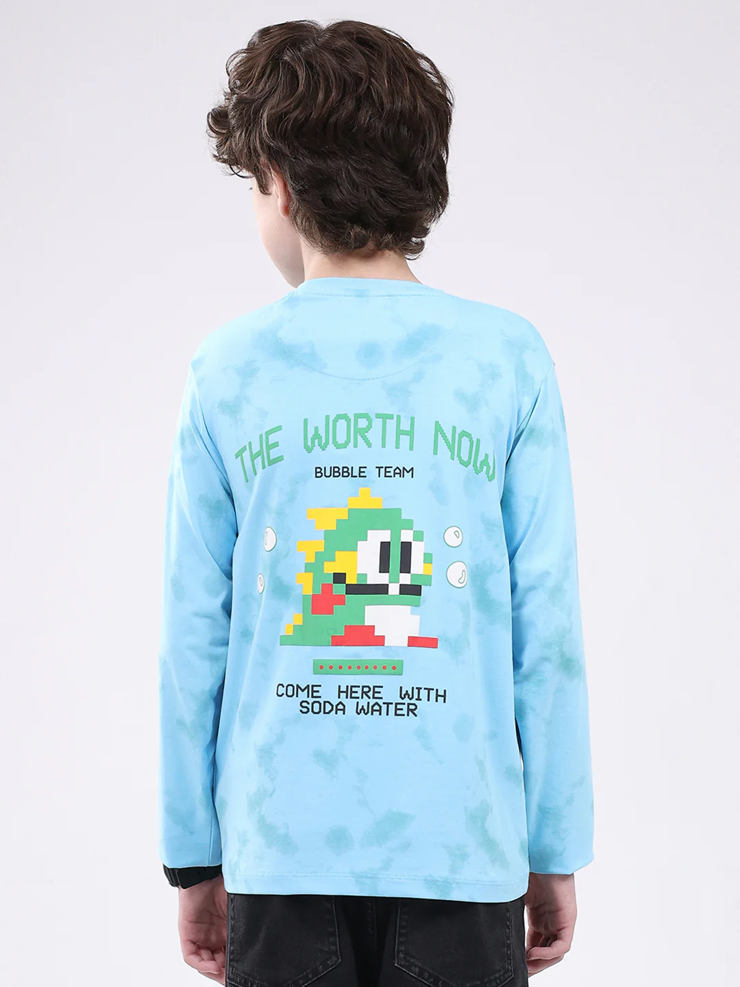 Boys Sky Blue Printed Round Neck Full Sleeve Winter T-Shirt - Image 5