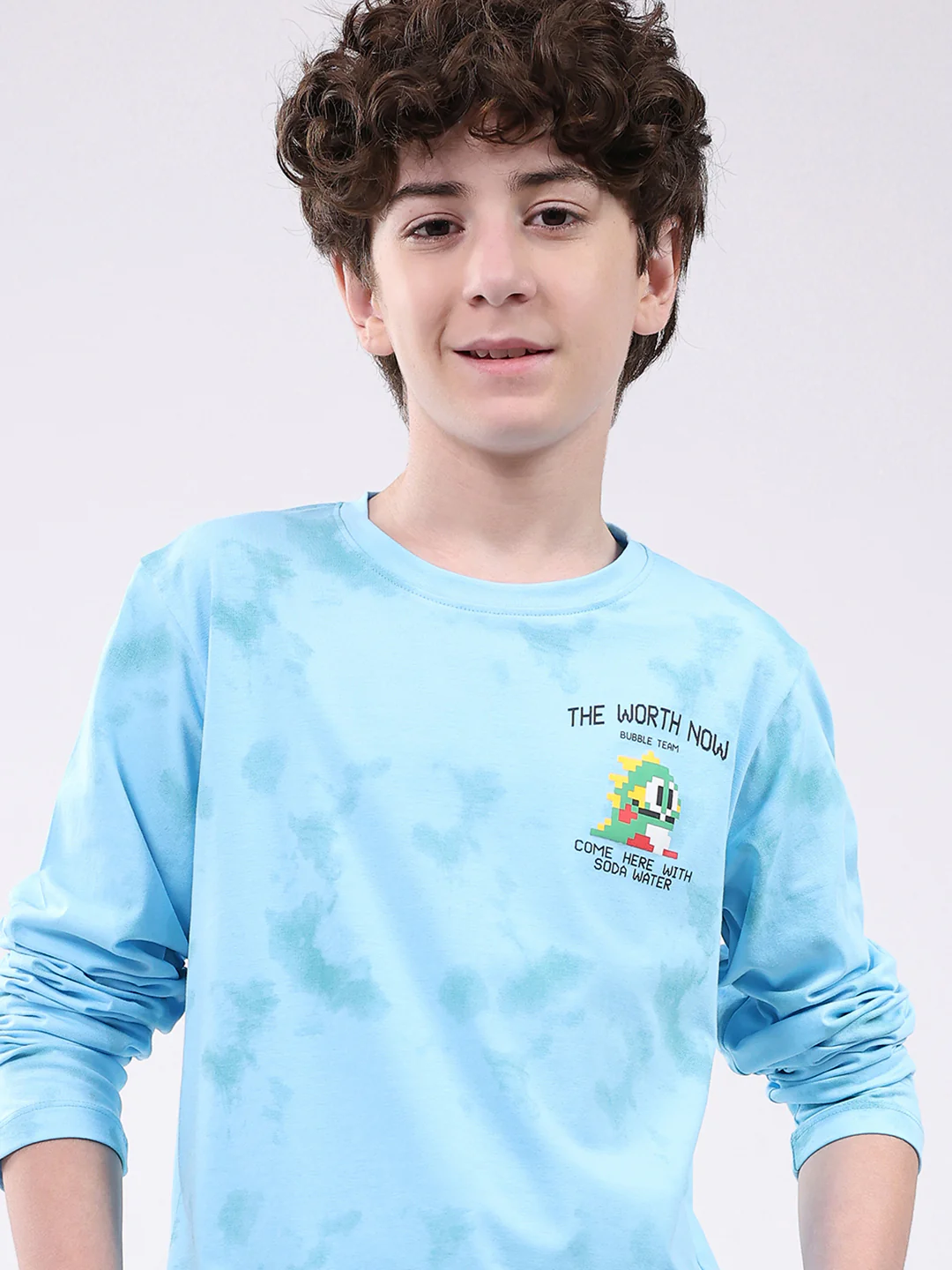 Boys Sky Blue Printed Round Neck Full Sleeve Winter T-Shirt - Image 6