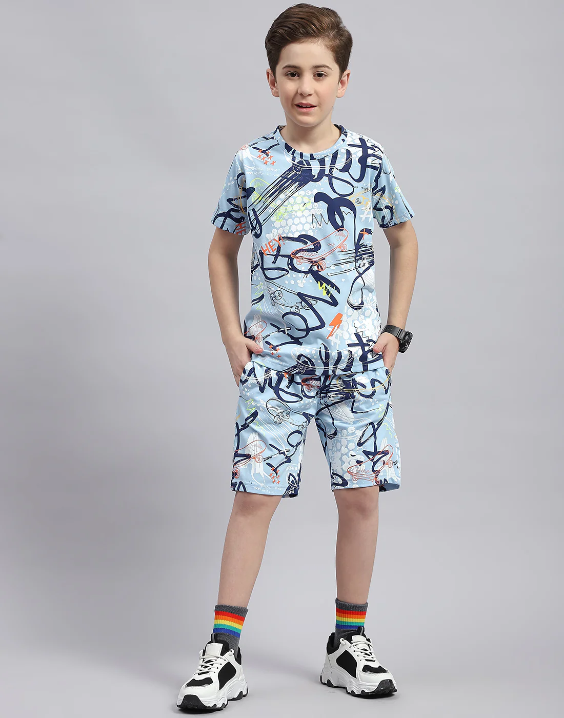 Boys Sky Blue Printed Round Neck Half Sleeve Bermuda Set - Image 2