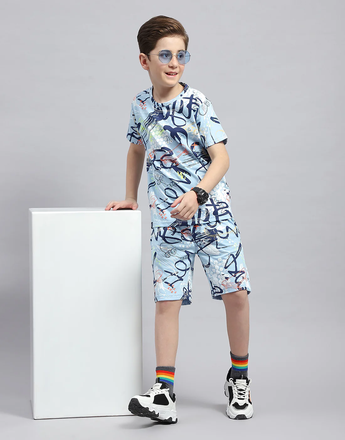 Boys Sky Blue Printed Round Neck Half Sleeve Bermuda Set - Image 6