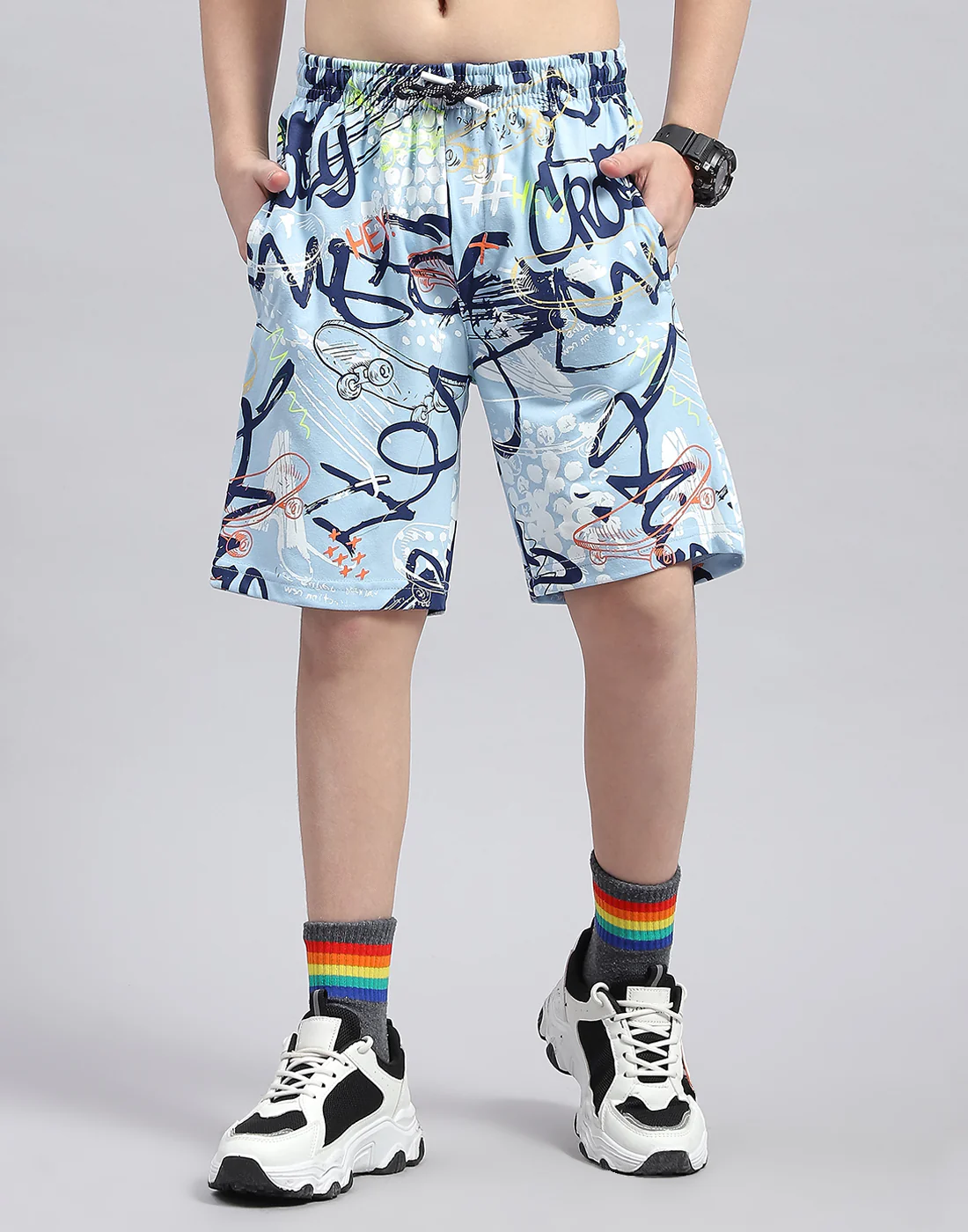 Boys Sky Blue Printed Round Neck Half Sleeve Bermuda Set - Image 7