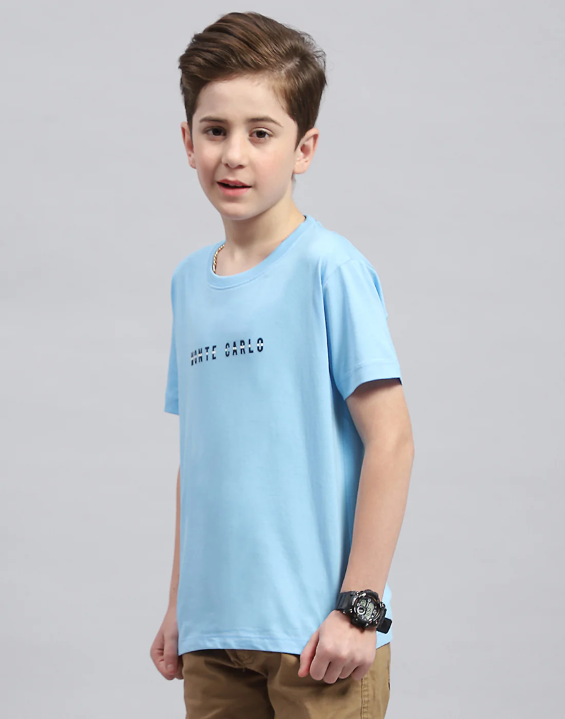Boys Sky Blue Printed Round Neck Half Sleeve T-Shirt - Image 3