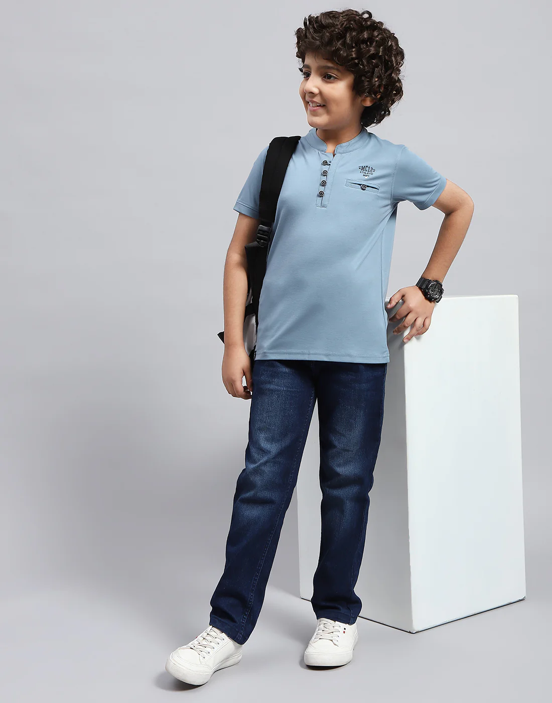 Boys Sky Blue Solid Mandarin Neck Half Sleeve T-Shirt - Image 2