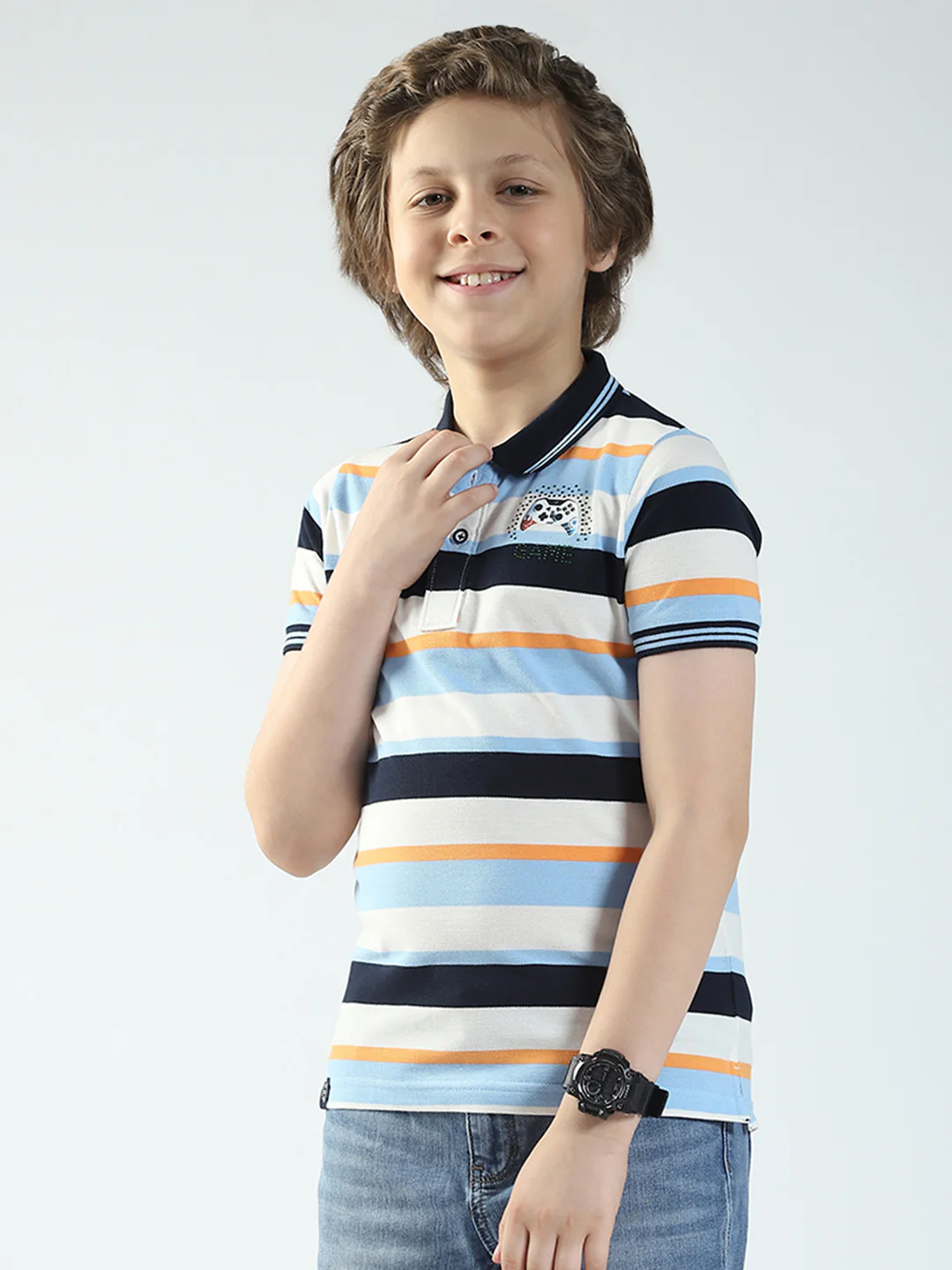 Boys Sky Blue Stripe Collar Half Sleeve T-Shirt - Image 3