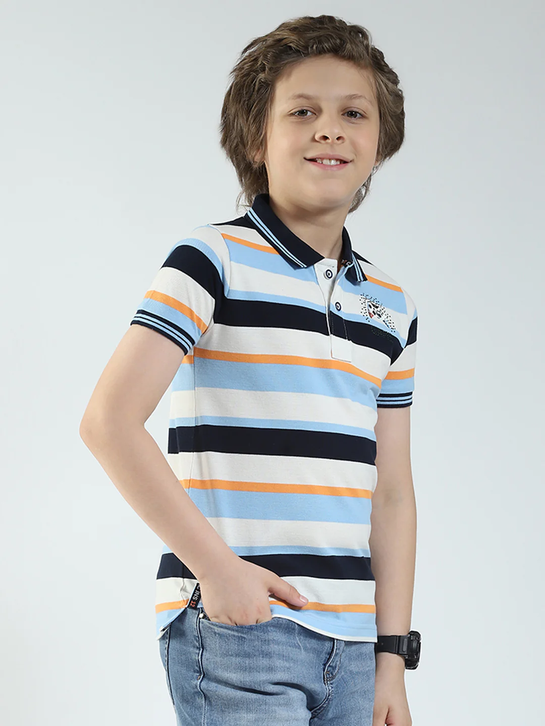 Boys Sky Blue Stripe Collar Half Sleeve T-Shirt - Image 4