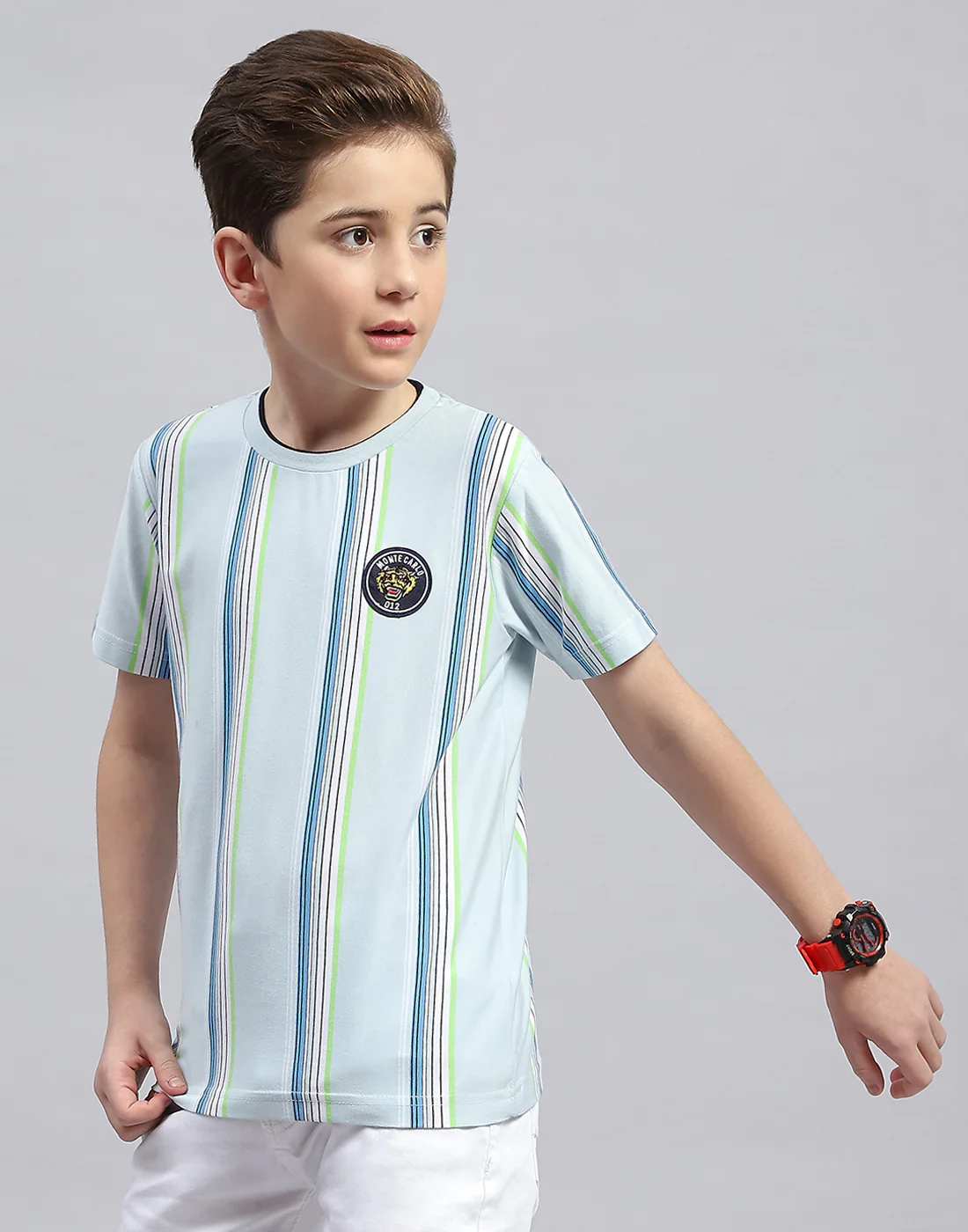 Boys Sky Blue Stripe Round Neck Half Sleeve T-Shirt - Image 3