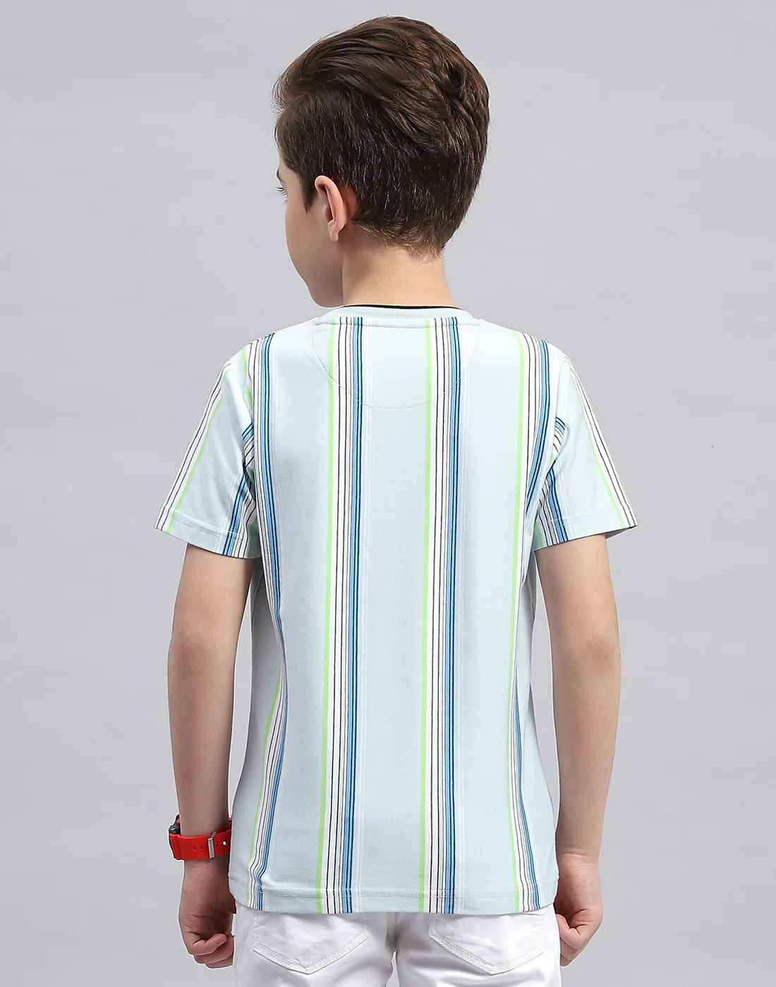 Boys Sky Blue Stripe Round Neck Half Sleeve T-Shirt - Image 5